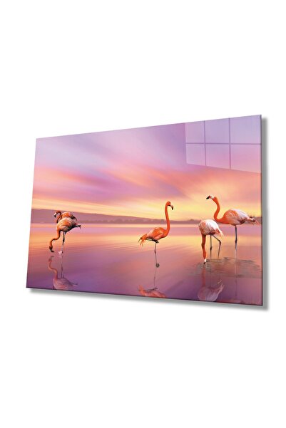 Rosyvien Pictură din sticlă cu flamingo roz și peisaj natural de lac, decor d...