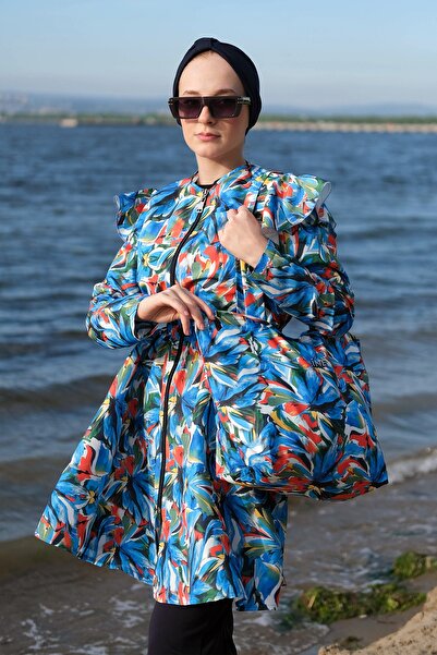 Minel Women's Blue Elastic Waist Tassel Detailed Fully Covered Hijab Swimsuit Set of 2