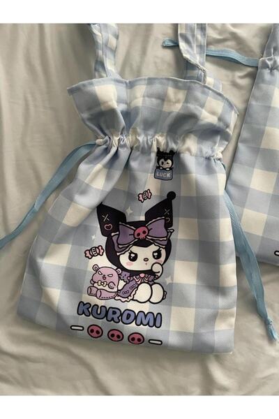 Planet Butik Blue Checkered Kawaii Drawstring Cloth Bag