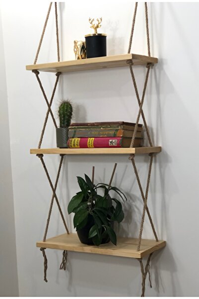 O&A WOOD Natural Wood Decorative Wall Shelf with Rope, 3-Tier Wooden Flower P...