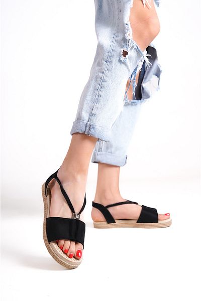Moda Değirmeni Sandale de damă din piele întoarsă neagră BG1010-123-0005