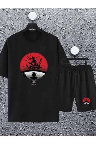 Joza Outdoors Unisex Women Men Naruto Itachi Anime Printed Black Design Summer Shorts Oversize Tshirt 2 Piece Set