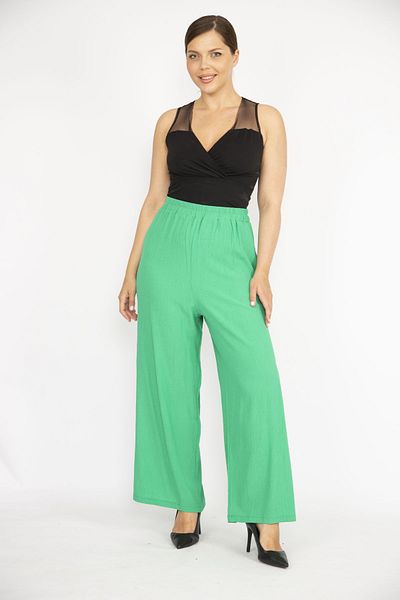 Şans Pantaloni de damă, verzi, mărimi mari, talie elastică, picior lat, din material Aeorobin 65n36496