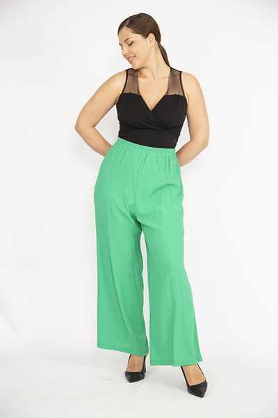 Şans Pantaloni de damă, verzi, mărimi mari, talie elastică, picior lat, din material Aeorobin 65n36496