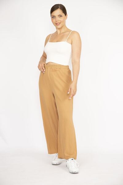Şans Women's Beige Large Size Elastic Waist Wide Leg Aeorobin Fabric Trousers 65n36497