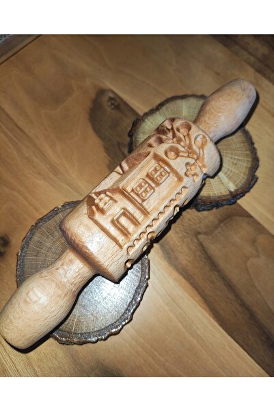 balmy ahşap Wood'ncraft Üç Boyutlu Ev Ve Ağaç Desenli Kurabiye Merdanesi Masi...