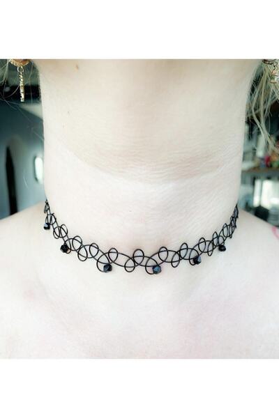 hbtasarim Siyah Kristal Taşlı Choker Tattoo Tasma Kolye