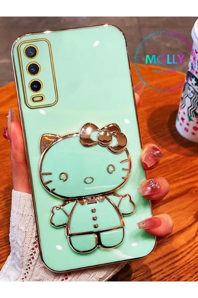 Molly Technology Vivo Y20 Için Su Yeşili Hello Kitty Standlı Kenarları Gold D...