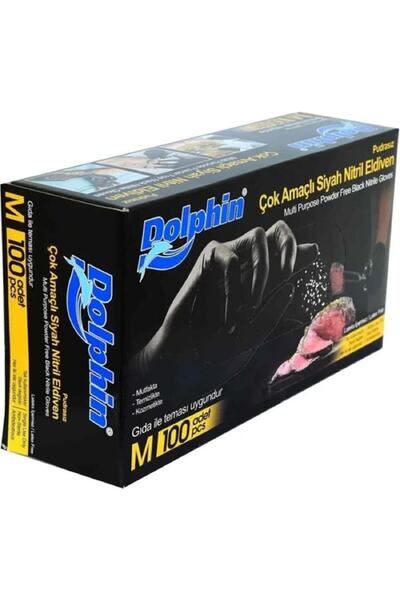 Dolphin Tek Kullanımlık Lateks Siyah Pudrasız Nitril Muayne Eldiveni Meidum Orta Boy - 100'LÜ Paket