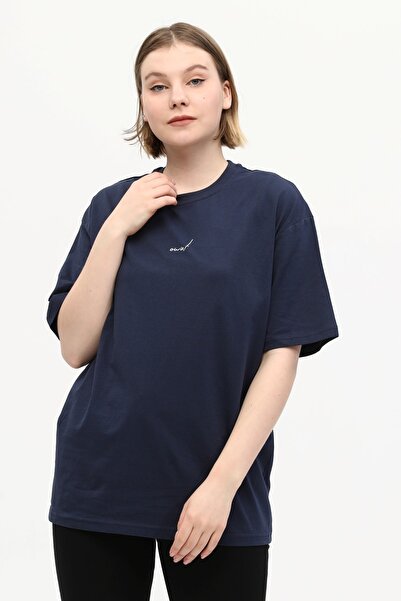 Owut Collection Μπλουζάκι με πλεκτό μπλουζάκι από 100% βαμβάκι μπλε Navy μπλε μπροστά και πίσω με στάμπα Boyfriend Crew Neck