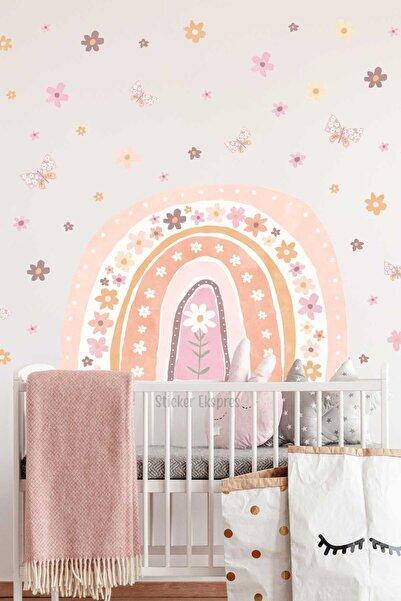 Sticker Ekspres Çiçekli Pastel Gökkuşağı Çiçekler Ve Kelebekler Çocuk Odası D...