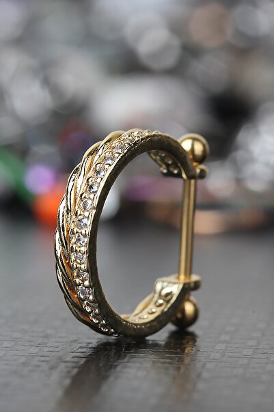 depozoom Zirkon Taşlı Zincirli Altın Halka Cerrahi Çelik Piercing