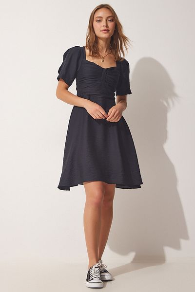 Happiness İstanbul Women's Black Gathered Flared Ayrobin Dress RV00116