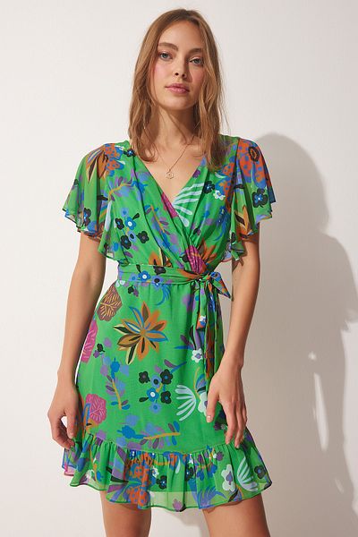 Happiness İstanbul Women's Green Patterned Wrap Collar Chiffon Dress YI00003