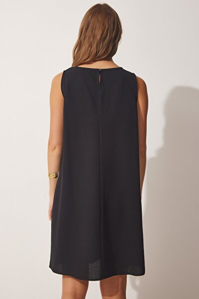 Happiness İstanbul Dámské černé letní lněné šaty z viskózy A-Line BH00416