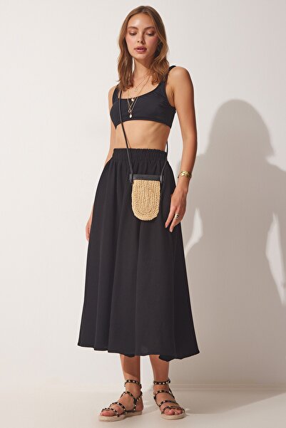 Happiness İstanbul Schwarzer ausgestellter Rock aus Webstoff mit Taschen für Damen MC00195