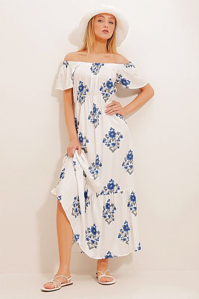 Trend Alaçatı Stili Weißes Damenkleid aus gewebter Viskose mit Madonna-Kragen ALC-X10369