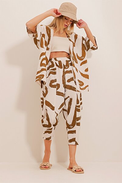 Trend Alaçatı Stili Női dohánymintás táskás nadrág és kimonó szett ALC-X10581
