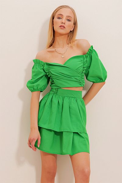 Trend Alaçatı Stili Women's Green Watermelon Sleeve Skirt Flounced Poplin Crop Top and Skirt Set ALC-X10583
