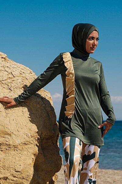 Marina Rivamera 4'lü Haki Volan Detaylı Tam Kapalı Tesettür Mayo R1105