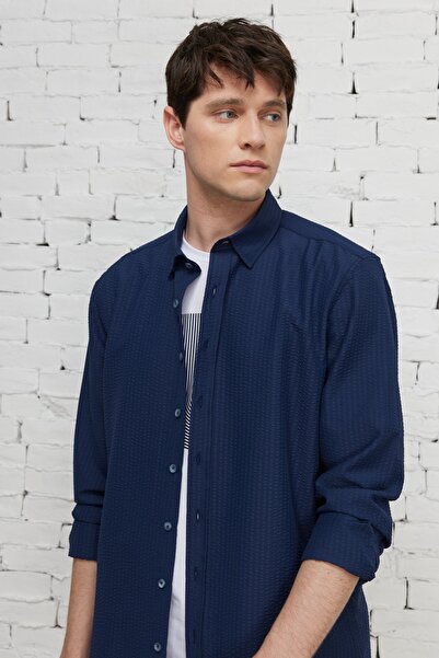 ALTINYILDIZ CLASSICS Cămașă pentru bărbați, albastru marin, ușor de călcat, slim fit, cu guler cu nasturi, cu model Seersucker