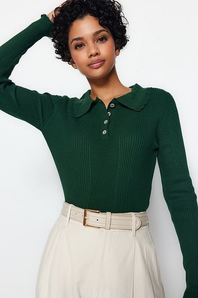 Trendyol Collection Pulover tricotaj cu guler polo verde smarald TWOAW22KZ1354