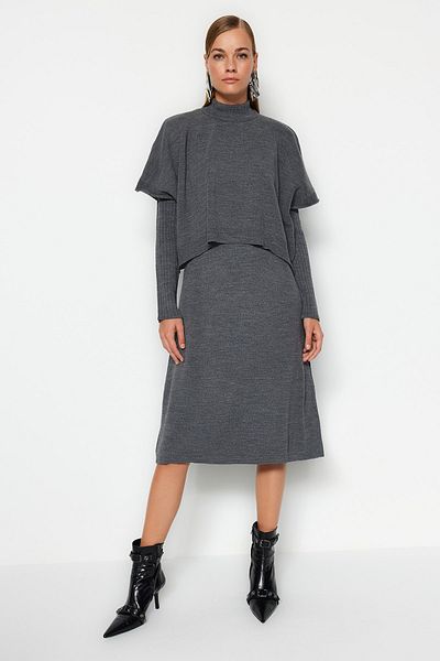 Trendyol Collection Anthracite Knitwear Midi Dress - Wide Fit, with Sweater, Twoaw24El00012