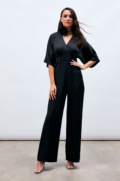 Sateen Double Breasted Casual Jumpsuit - BLACK
