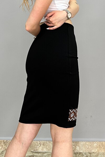 Tam Moda Γυναικεία Κεντητή Μαύρη Pencil Φούστα