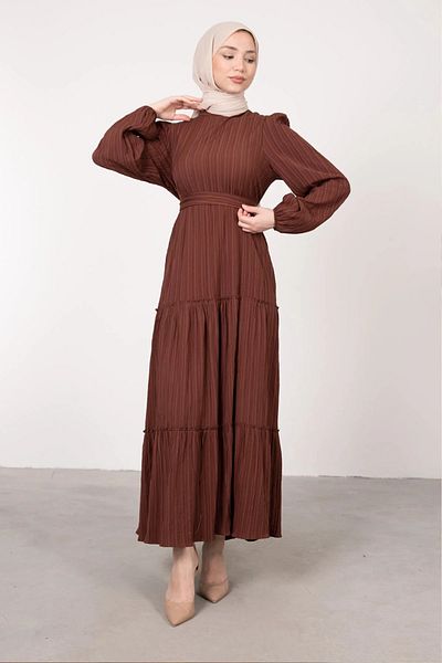 Swana Wrinkled Fabric Detailed Belted Hijab Dress Brown