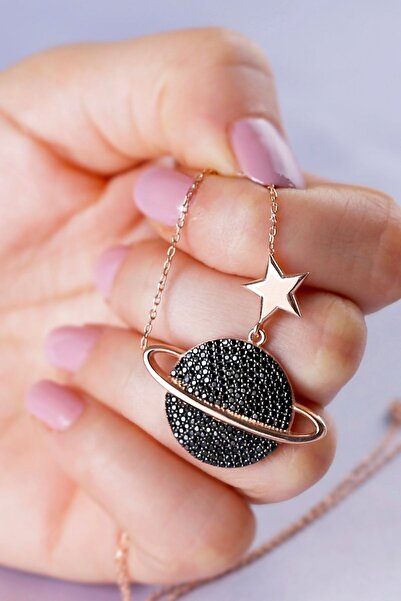 Silvano Jewelry 925 Ayar Gümüş Yıldızlı Siyah Gezegen Kolye