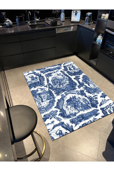 Rugs Modern Halı Bleu Blanc Beyaz Lacivert Vintage Desenli Dekoratif Dokuma Taban Halı Mira 1255