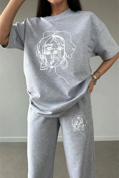 aynewmoda Set de trening estetic pentru femei - tricou cu imprimeu desenat și pantaloni de trening