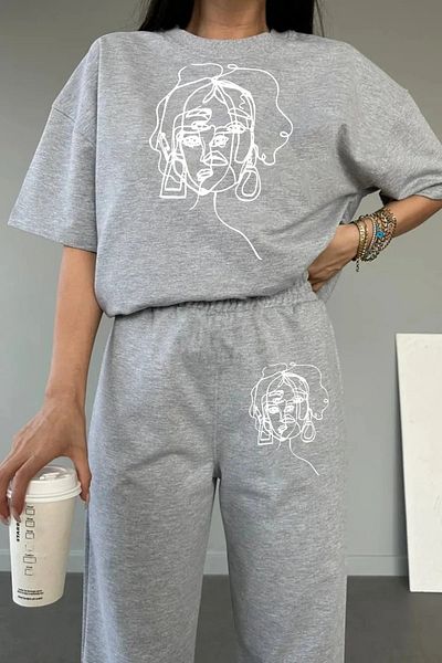 aynewmoda Set de trening estetic pentru femei - tricou cu imprimeu desenat și pantaloni de trening
