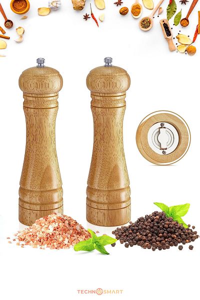 TechnoSmart Natural Wooden Manual Mill - Black Pepper, Salt, Coffee and Spice Grinder