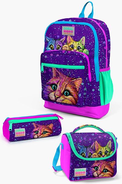 Coral High Set de geanți de școală din 3 piese pentru copii, violet, roz, cu model SET0123732