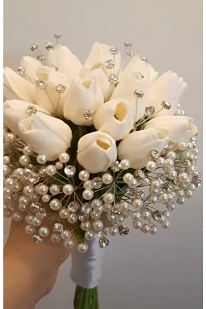 Yarım Elma Design İncili Taşlı Islak Lale Gelin El Çiçeği Buketi