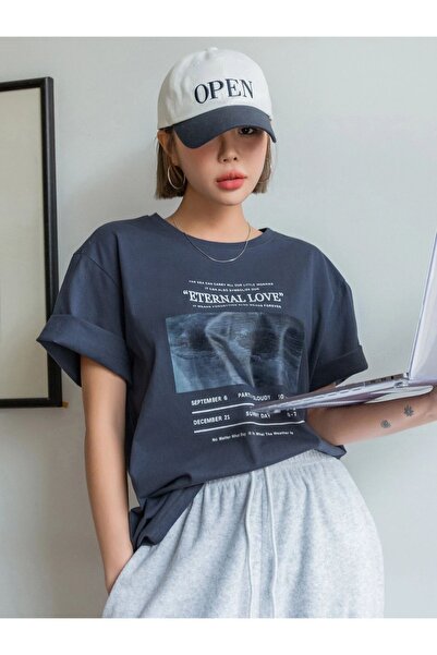 ORLONTEX Kadın Antrasit Eternal Love Baskılı Oversize T-shirt