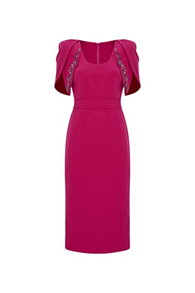 DİKİSH Pembe Kısa Kollu Boncuk Detaylı Abiye Elbise