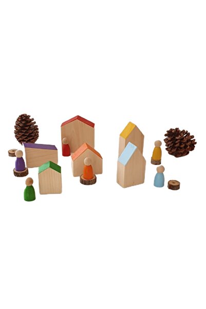 kırtkırt ahşap Waldorf Ahşap Ev ve 6'lı Peg Bebek Set