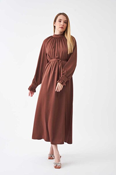 Mevra Rochie de seara cu maneci cu volane maro