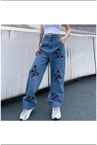 Gofeel Pantaloni largi de culoare albastră cu model de fluturi imprimați cu zăpadă lavabilă
