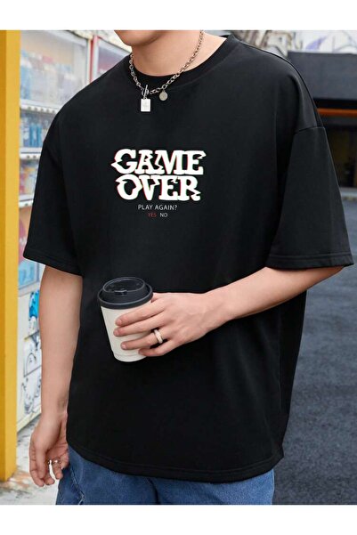 DEEPSENCE Unisex Μαύρο μπλουζάκι Oversize Game Over εμπρός με στάμπα