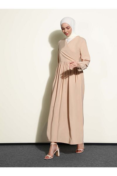 Refka Modal Hijab Dress with Closure Detail - Beige - Casual