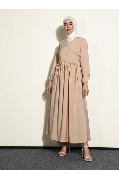 Refka Modal Hijab Dress with Closure Detail - Beige - Casual