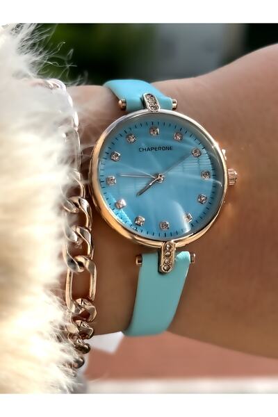 Chaperone Mavi Renk Deri Kordon, Taşlı Şık Model Kol Saati Ve Bileklik