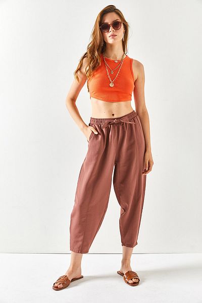 Olalook Women's Bitter Brown Pocket Sewing Detailed Linen Shalwar Trousers PNT-19000234