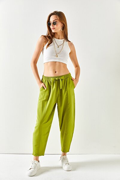 Olalook Kadın Yağ Yeşili Cepli Dikiş Detaylı Keten Şalvar Pantolon PNT-19000234