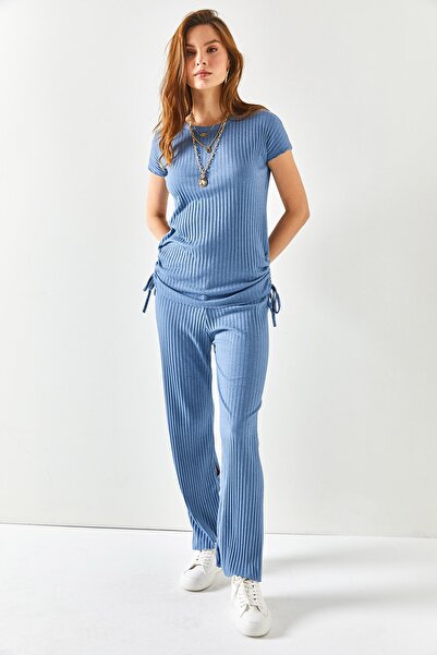 Olalook Kadın Bebe Mavi Yanı Büzgülü Bluz Palazzo Pantolon Takım TKM-19000196