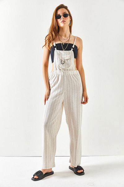 Olalook Women's Stone Kangaroo Pocket Strappy Tied Linen Jumpsuit TLM-19000150